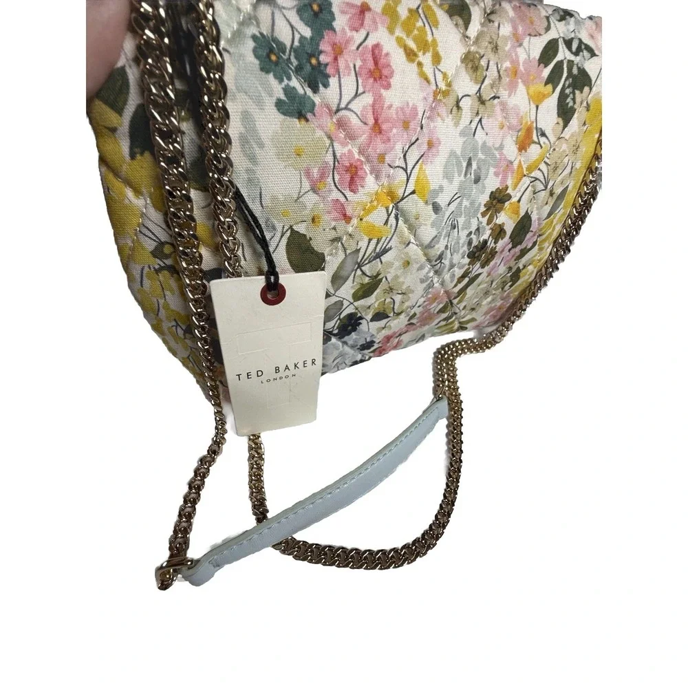 NWT TED‎ BAKER Ginn Marie Gold chain Flap CrossBody Bag Floral Applique Quilted